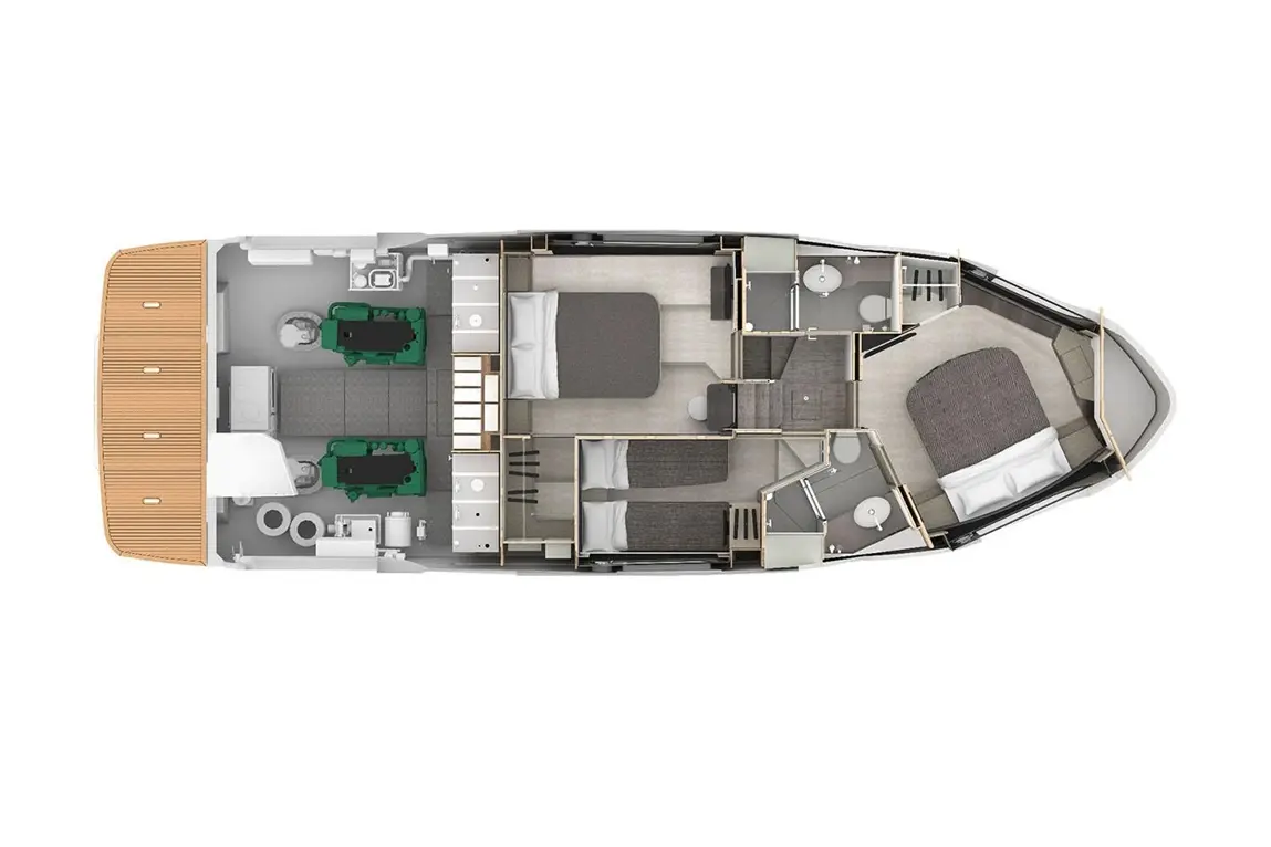 Top-down view of a yacht's layout featuring bedrooms, bathrooms, kitchen areas, and seating spaces, with green tables visible.